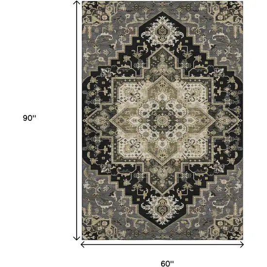 Black Gold And Beige Oriental Washable Area Rug With UV Protection Photo 8