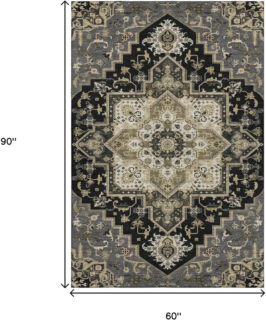 Black Gold And Beige Oriental Washable Area Rug With UV Protection Photo 8