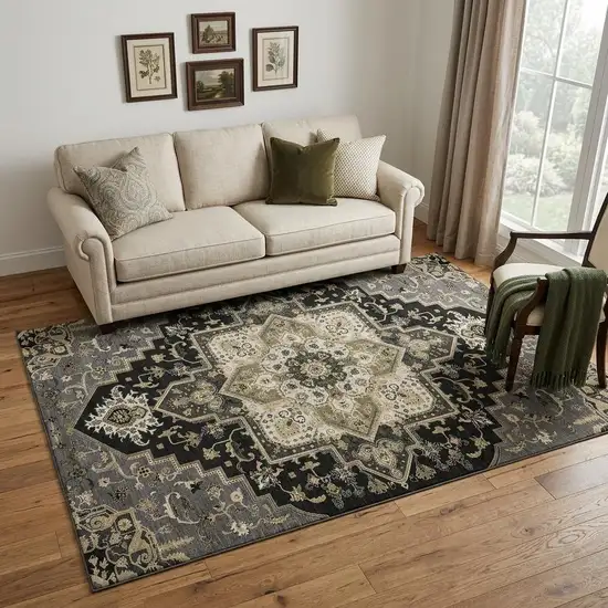 Black Gold And Beige Oriental Washable Area Rug With UV Protection Photo 1
