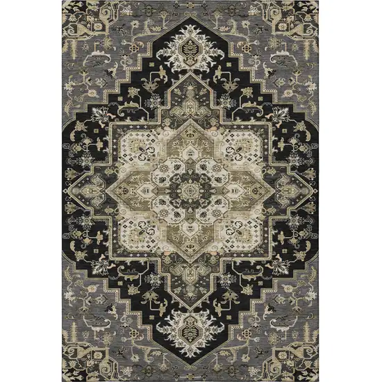 Black Gold And Beige Oriental Washable Area Rug With UV Protection Photo 3