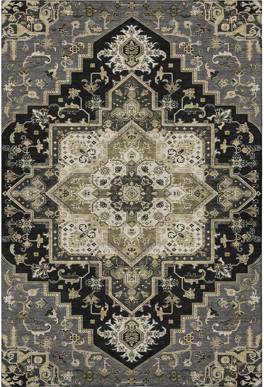 Black Gold And Beige Oriental Washable Area Rug With UV Protection Photo 3