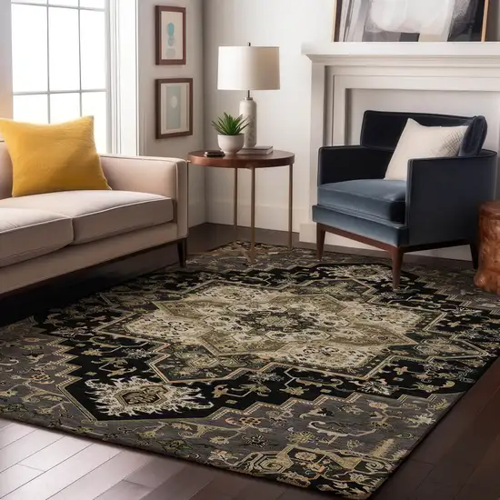 Black Gold And Beige Oriental Washable Area Rug With UV Protection Photo 4