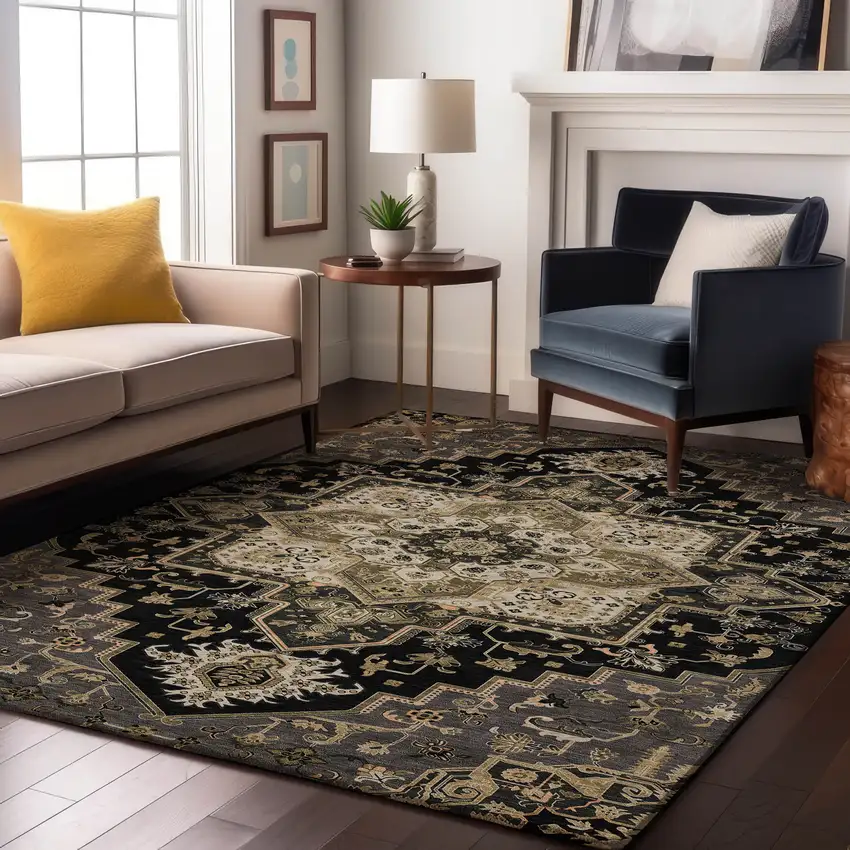 Black Gold And Beige Oriental Washable Area Rug With UV Protection Photo 4