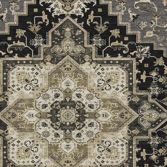 Black Gold And Beige Oriental Washable Area Rug With UV Protection Photo 2