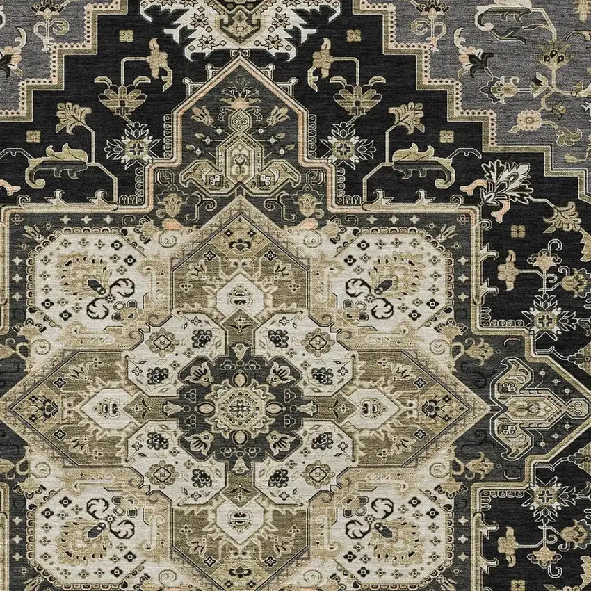 Black Gold And Beige Oriental Washable Area Rug With UV Protection Photo 2