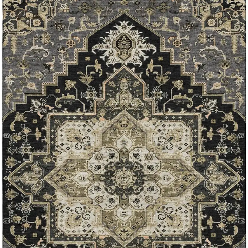 Black Gold And Beige Oriental Washable Area Rug With UV Protection Photo 3