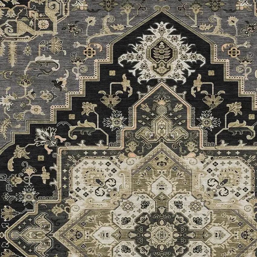 Black Gold And Beige Oriental Washable Area Rug With UV Protection Photo 2