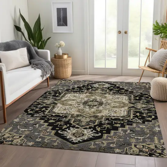 Black Gold And Beige Oriental Washable Area Rug With UV Protection Photo 5