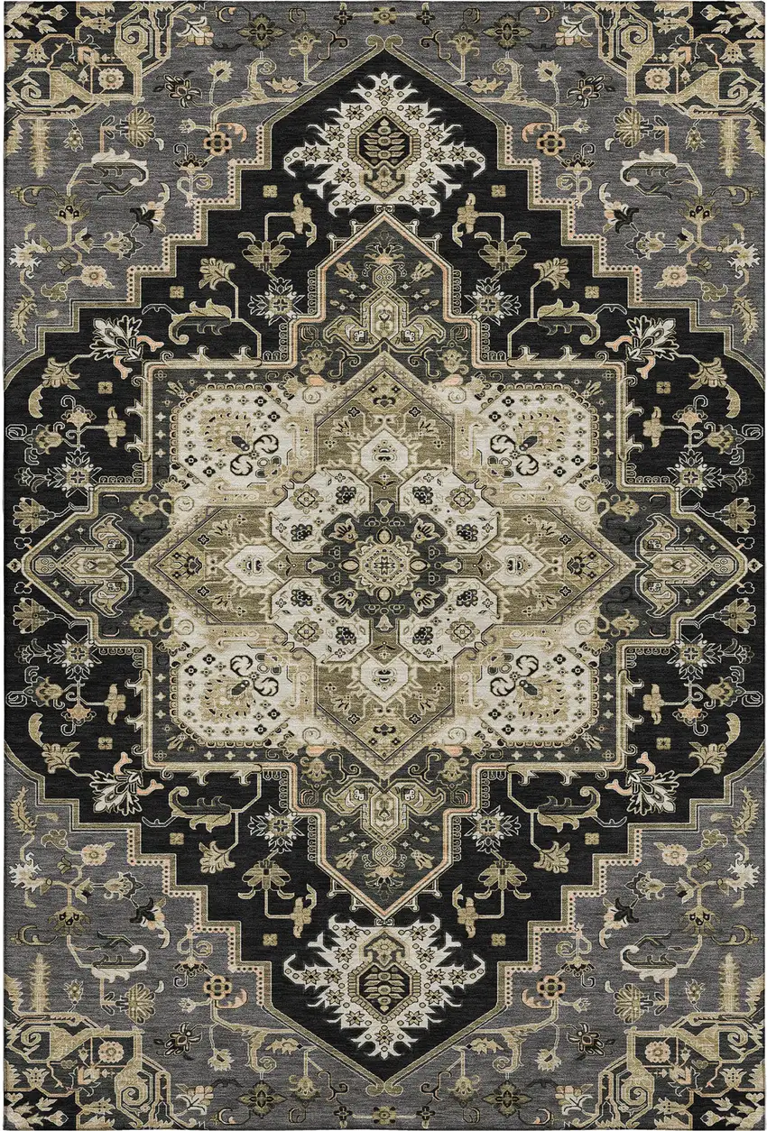 Black Gold And Beige Oriental Washable Area Rug With UV Protection Photo 1