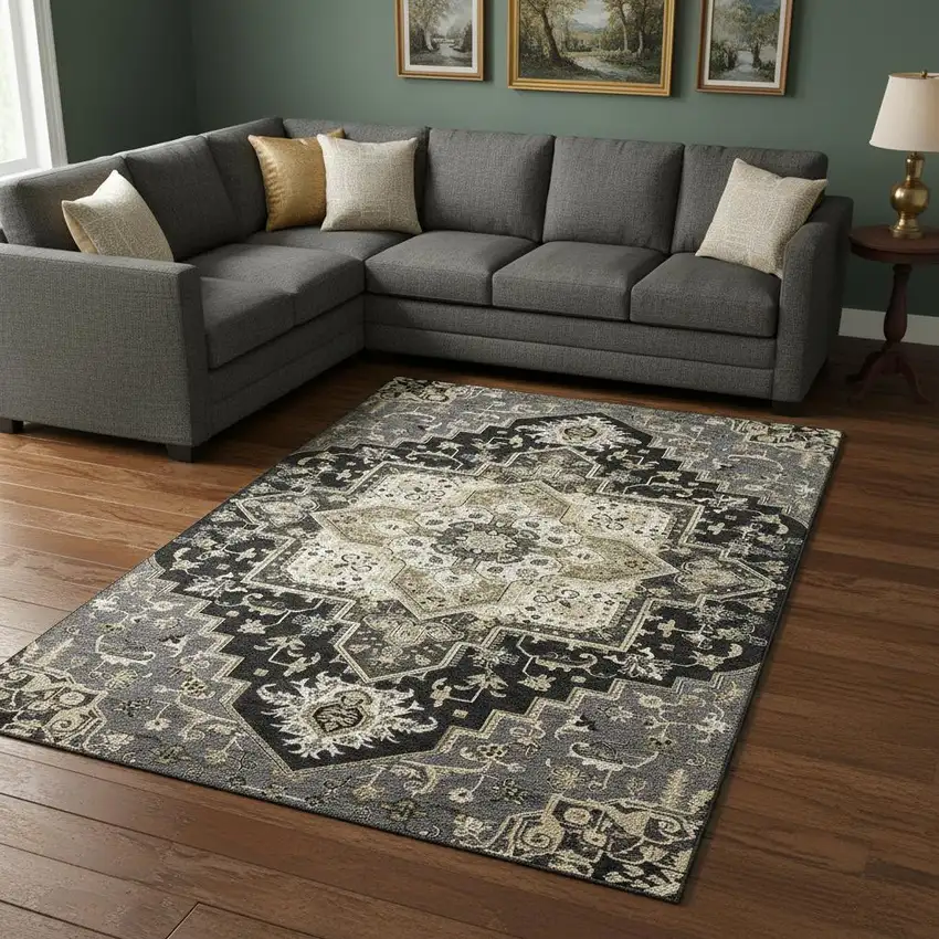 Black Gold And Beige Oriental Washable Area Rug With UV Protection Photo 2
