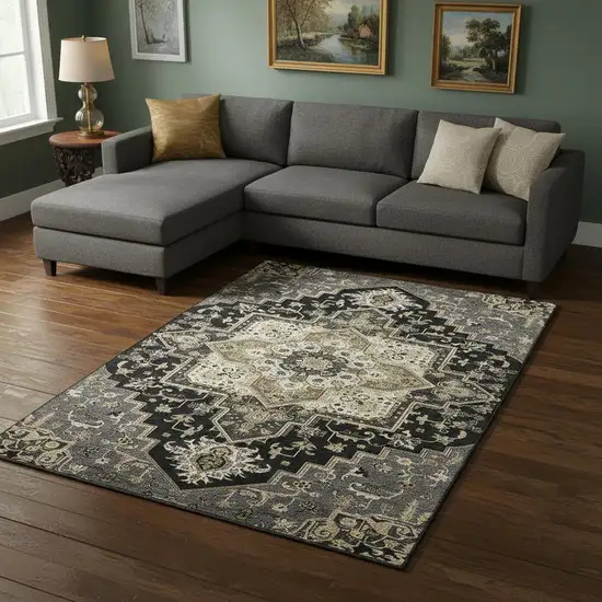Black Gold And Beige Oriental Washable Area Rug With UV Protection Photo 2