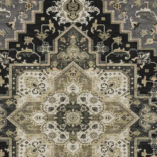 Black Gold And Beige Oriental Washable Area Rug With UV Protection Photo 2