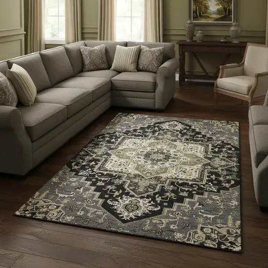 Black Gold And Beige Oriental Washable Area Rug With UV Protection Photo 2