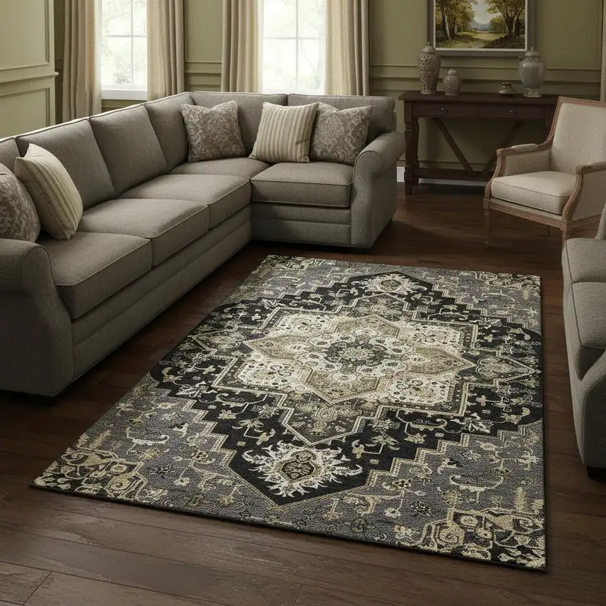 Black Gold And Beige Oriental Washable Area Rug With UV Protection Photo 2