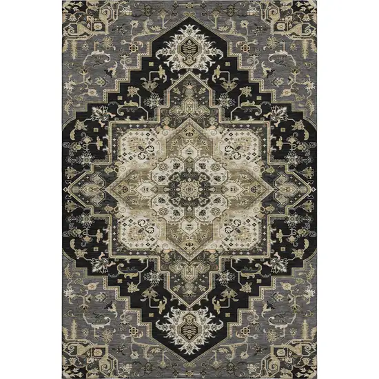 Black Gold And Beige Oriental Washable Area Rug With UV Protection Photo 1