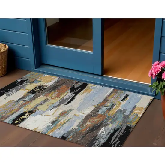 Black Gold And Blue Abstract Washable Indoor Outdoor Area Rug Photo 1
