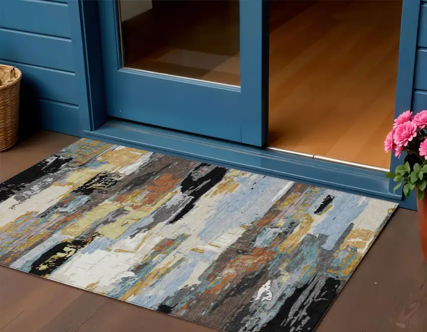 Black Gold And Blue Abstract Washable Indoor Outdoor Area Rug Photo 1