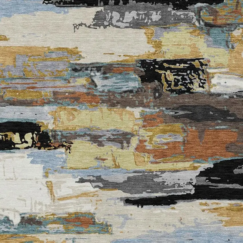 Black Gold And Blue Abstract Washable Indoor Outdoor Area Rug Photo 7