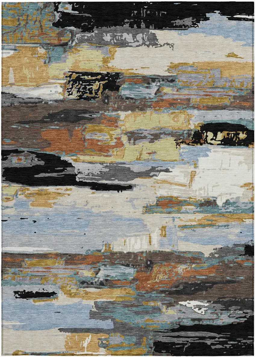 Black Gold And Blue Abstract Washable Indoor Outdoor Area Rug Photo 4