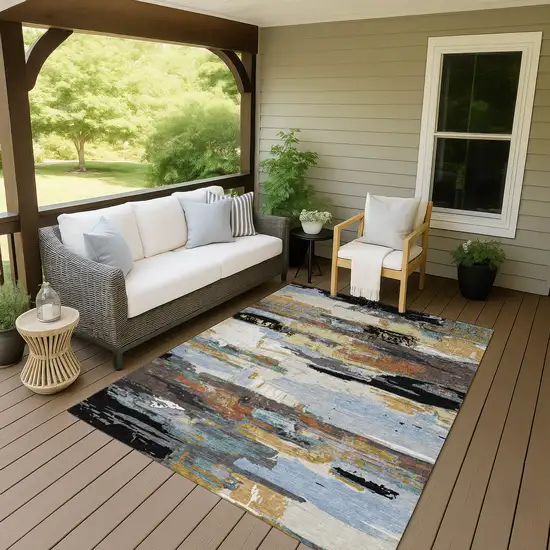 Black Gold And Blue Abstract Washable Indoor Outdoor Area Rug Photo 9