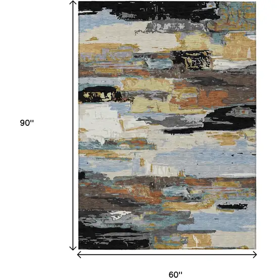 Black Gold And Blue Abstract Washable Indoor Outdoor Area Rug Photo 3