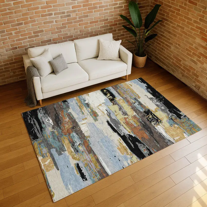 Black Gold And Blue Abstract Washable Indoor Outdoor Area Rug Photo 8