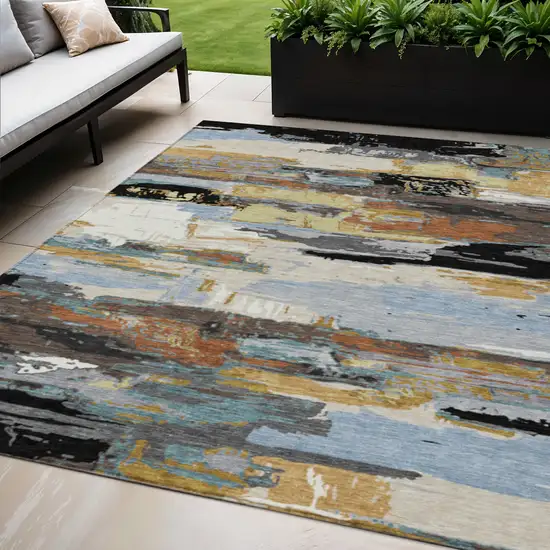 Black Gold And Blue Abstract Washable Indoor Outdoor Area Rug Photo 1