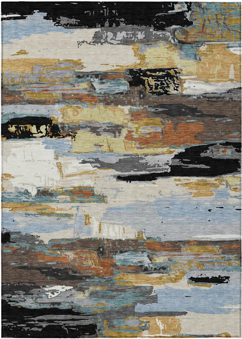 Black Gold And Blue Abstract Washable Indoor Outdoor Area Rug Photo 2