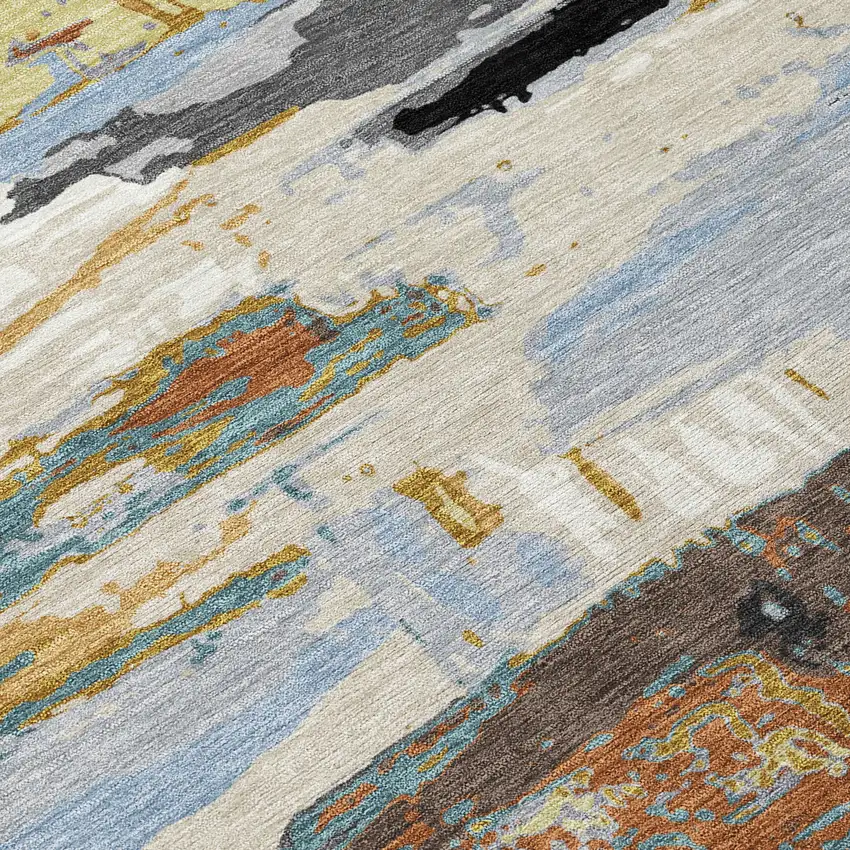 Black Gold And Blue Abstract Washable Indoor Outdoor Area Rug Photo 6