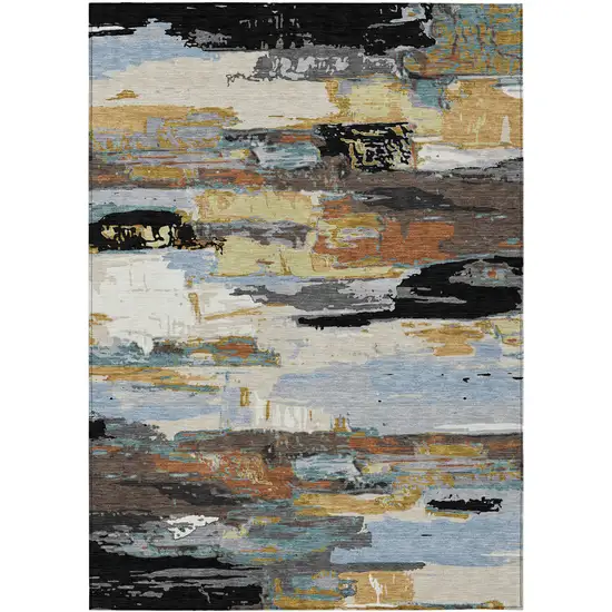 Black Gold And Blue Abstract Washable Indoor Outdoor Area Rug Photo 2
