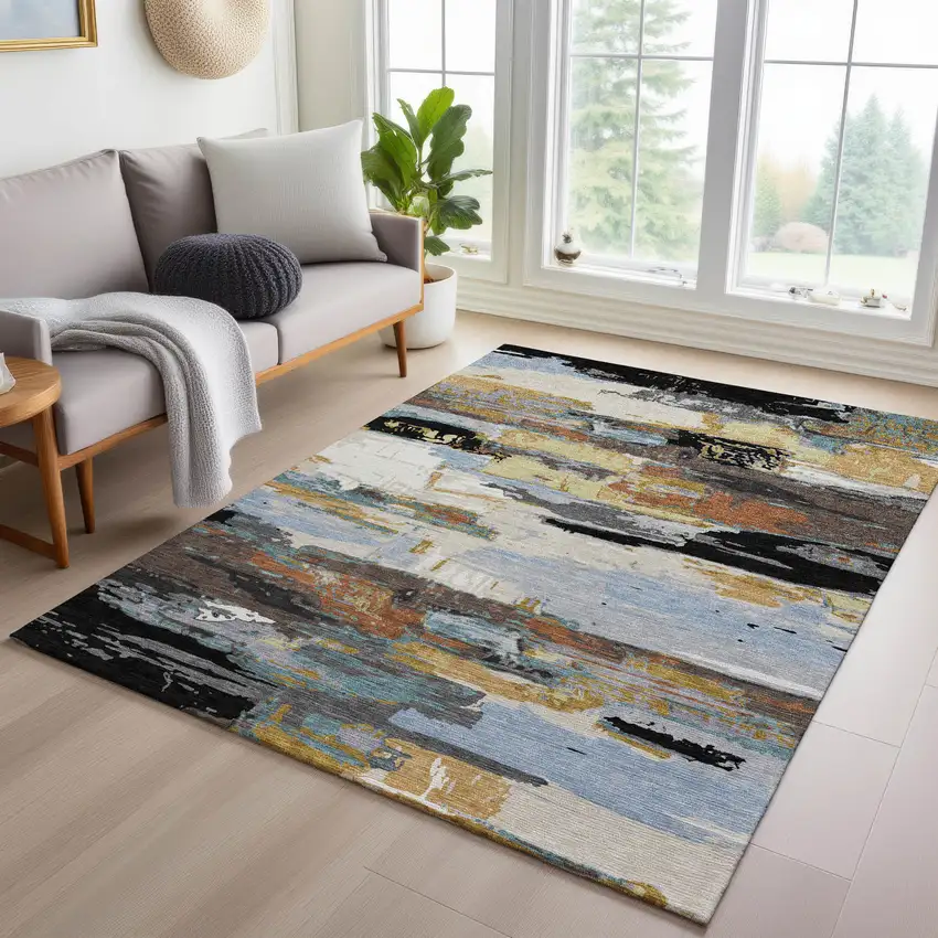 Black Gold And Blue Abstract Washable Indoor Outdoor Area Rug Photo 9