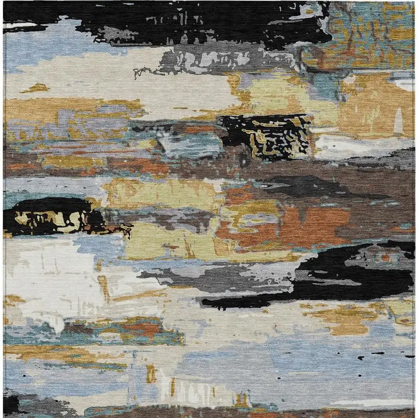 Black Gold And Blue Abstract Washable Indoor Outdoor Area Rug Photo 4