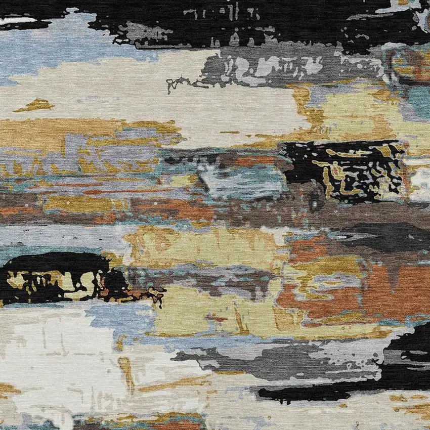 Black Gold And Blue Abstract Washable Indoor Outdoor Area Rug Photo 7