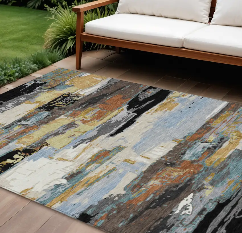 Black Gold And Blue Abstract Washable Indoor Outdoor Area Rug Photo 1