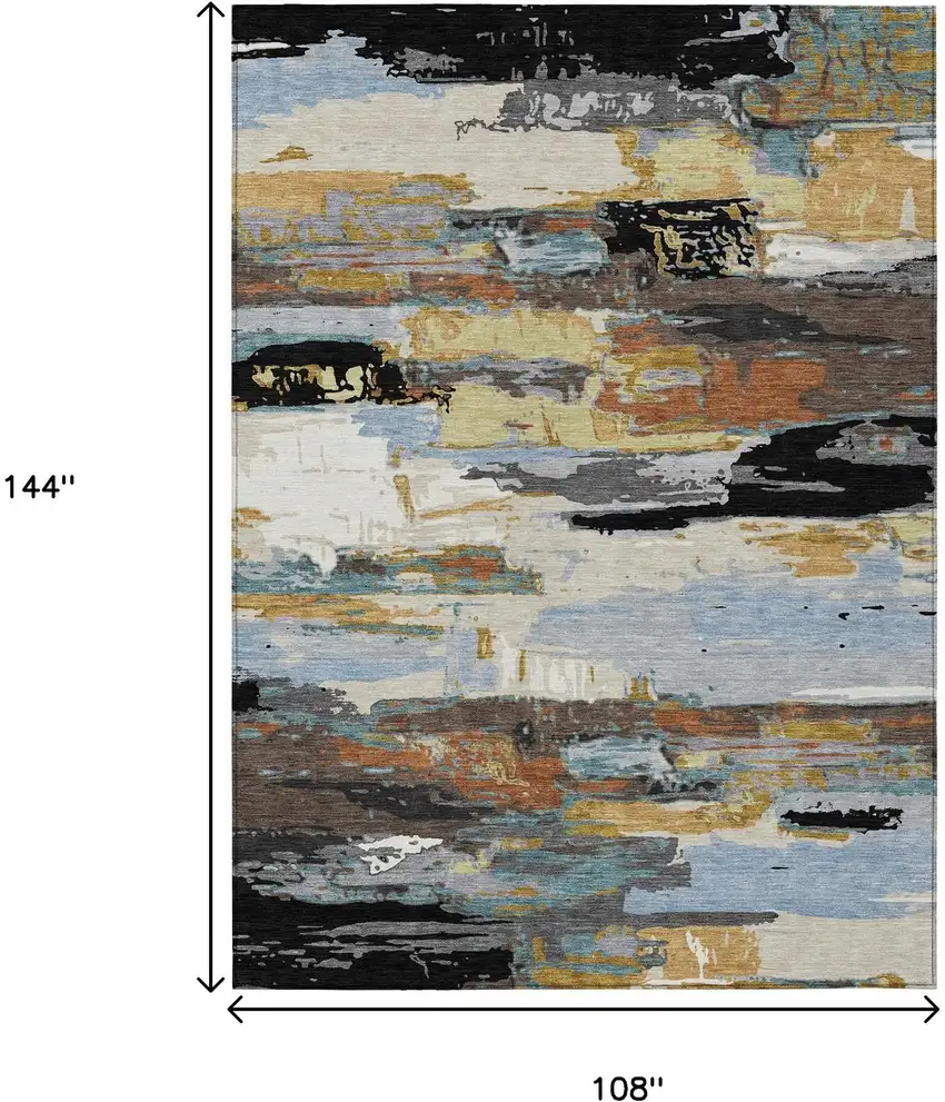 Black Gold And Blue Abstract Washable Indoor Outdoor Area Rug Photo 3