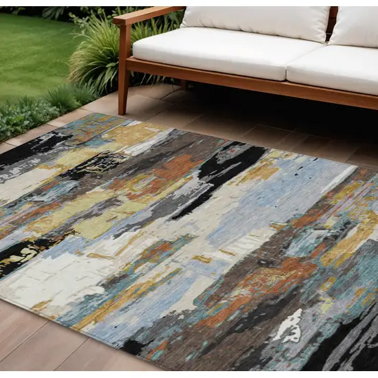 Black Gold And Blue Abstract Washable Indoor Outdoor Area Rug Photo 1