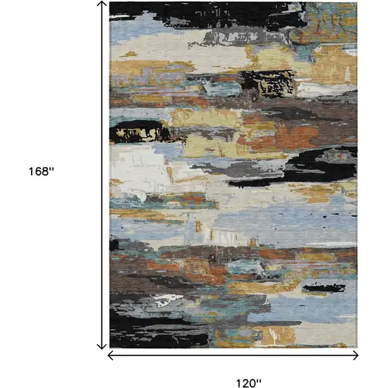 Black Gold And Blue Abstract Washable Indoor Outdoor Area Rug Photo 3