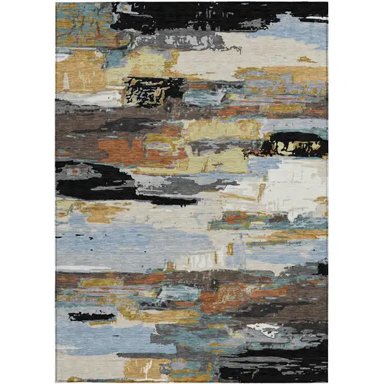 Black Gold And Blue Abstract Washable Indoor Outdoor Area Rug Photo 4