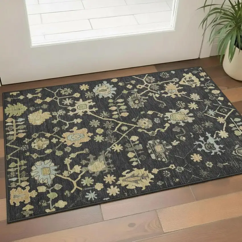 Black Gold And Blue Floral Washable Area Rug With UV Protection Photo 2