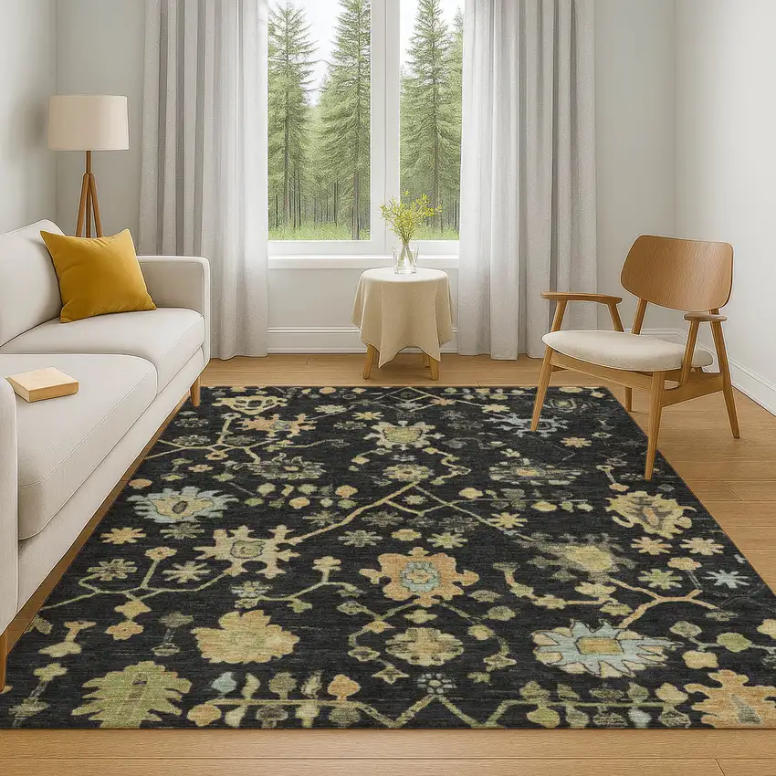 Black Gold And Blue Floral Washable Area Rug With UV Protection Photo 6