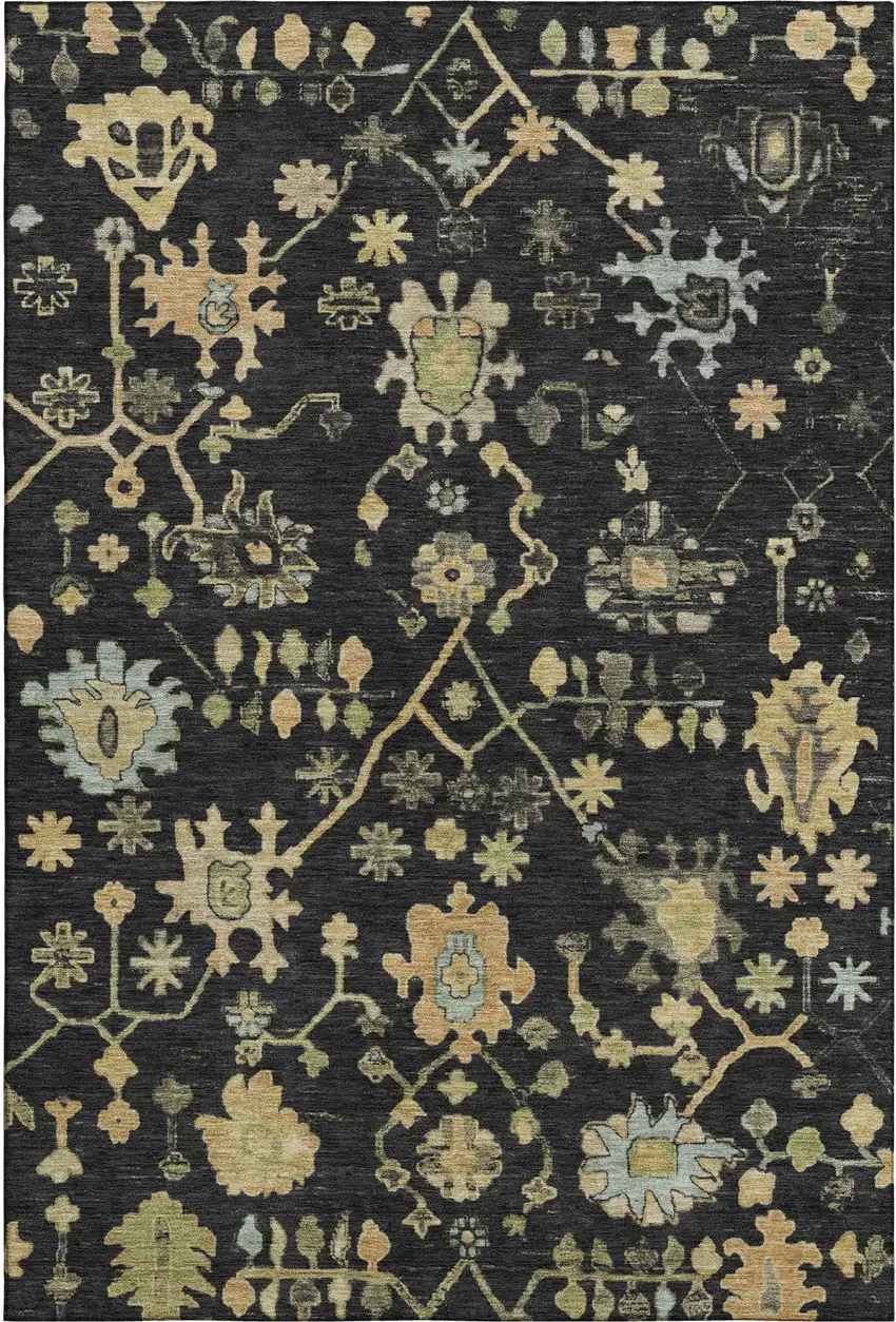 Black Gold And Blue Floral Washable Area Rug With UV Protection Photo 1