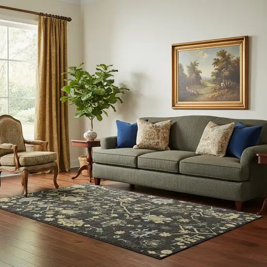 Black Gold And Blue Floral Washable Area Rug With UV Protection Photo 2