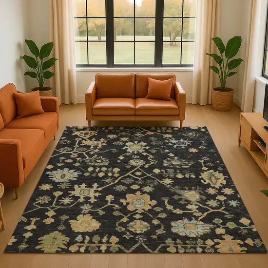 Black Gold And Blue Floral Washable Area Rug With UV Protection Photo 5