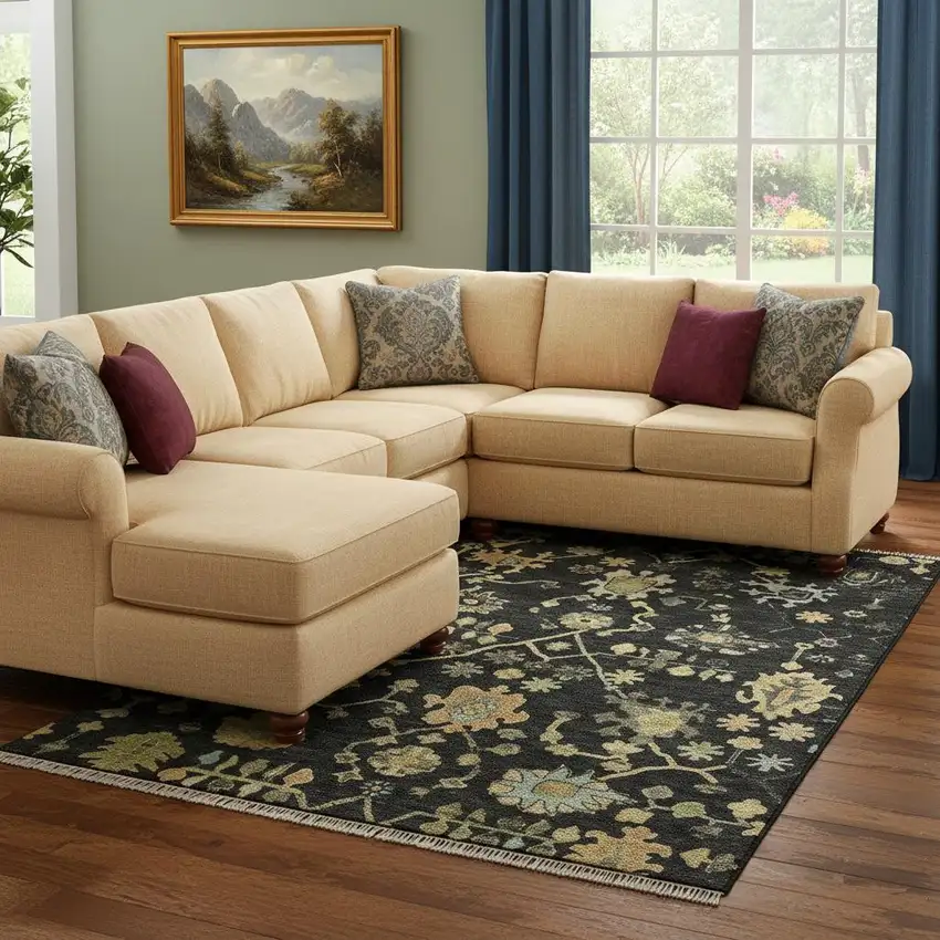 Black Gold And Blue Floral Washable Area Rug With UV Protection Photo 2