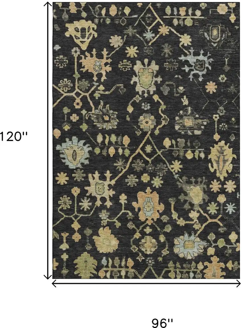 Black Gold And Blue Floral Washable Area Rug With UV Protection Photo 9