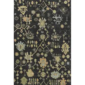Photo of Black Gold And Blue Floral Washable Area Rug With UV Protection