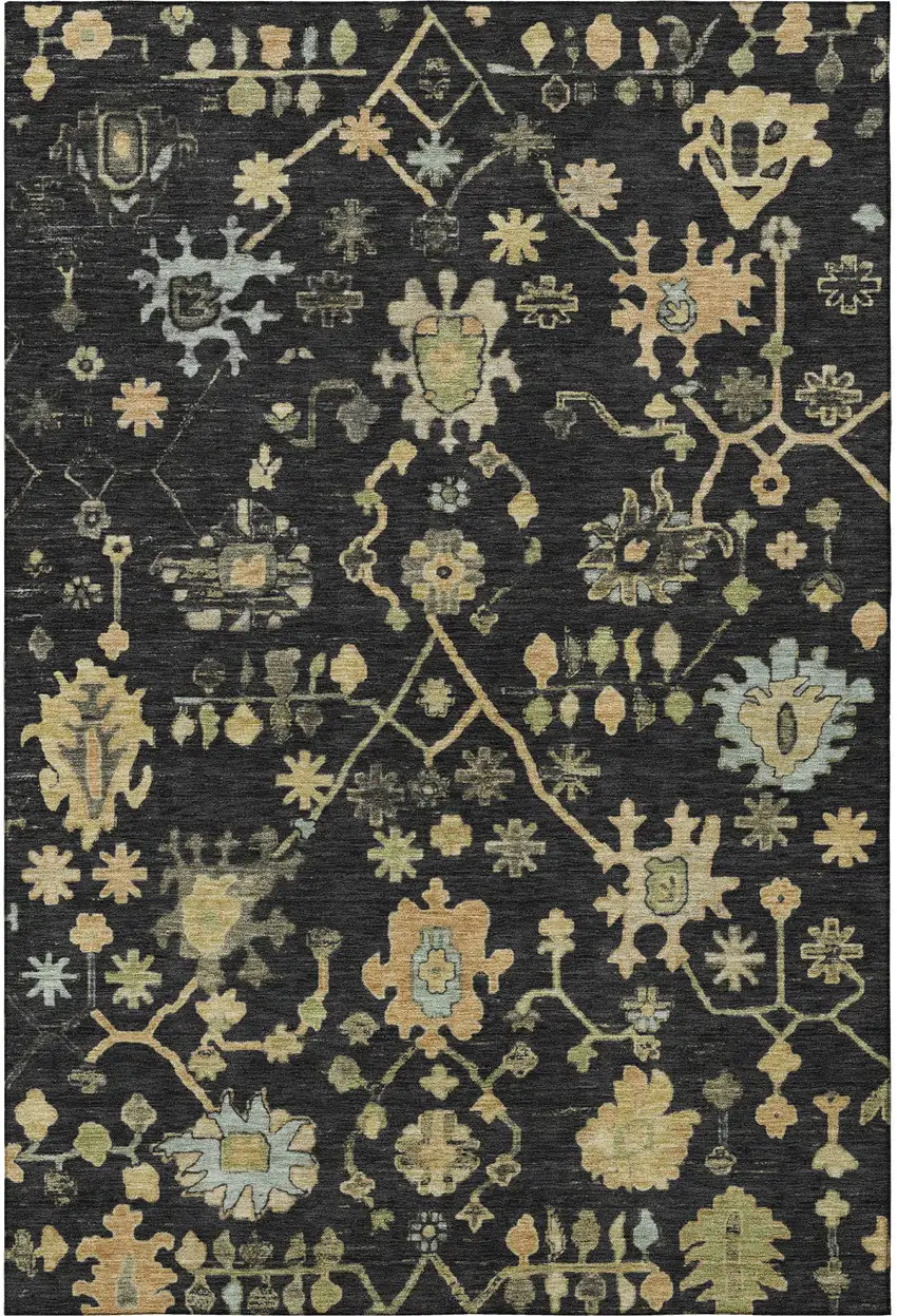 Black Gold And Blue Floral Washable Area Rug With UV Protection Photo 4