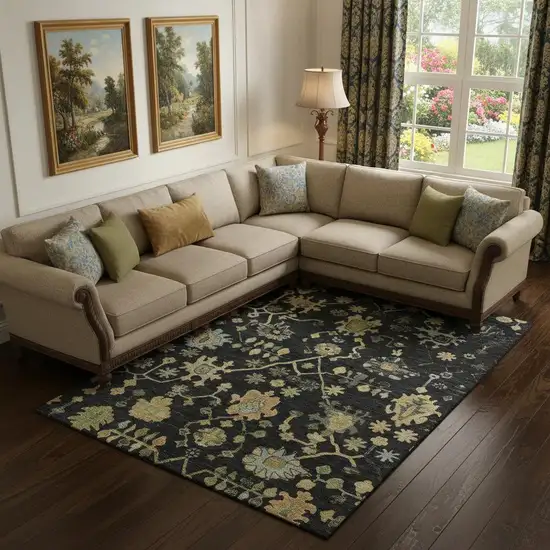 Black Gold And Blue Floral Washable Area Rug With UV Protection Photo 2