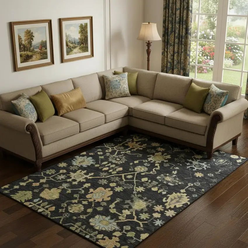 Black Gold And Blue Floral Washable Area Rug With UV Protection Photo 2