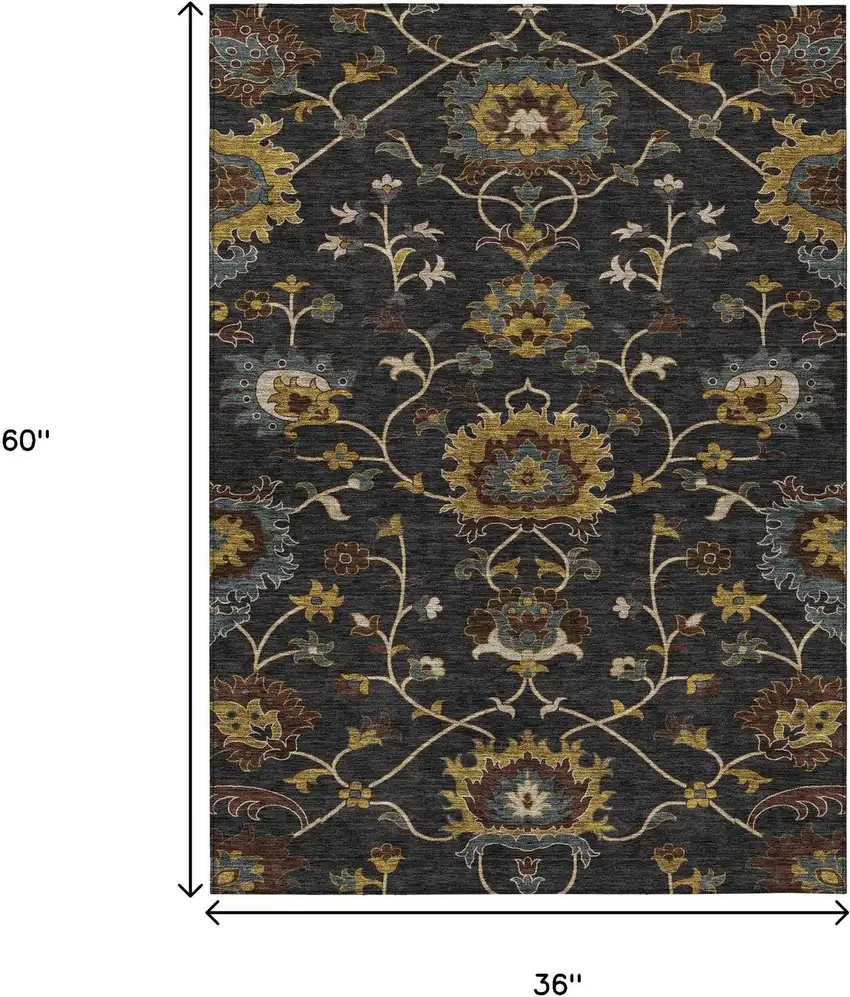 Black Gold And Blue Floral Washable Indoor Outdoor Area Rug Photo 3